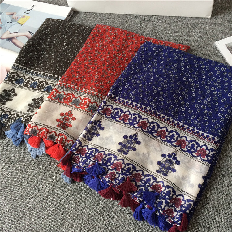 Damen Großer Baumwoll‑Viskose Schal mit Quasten und floralem Blockprint Drune