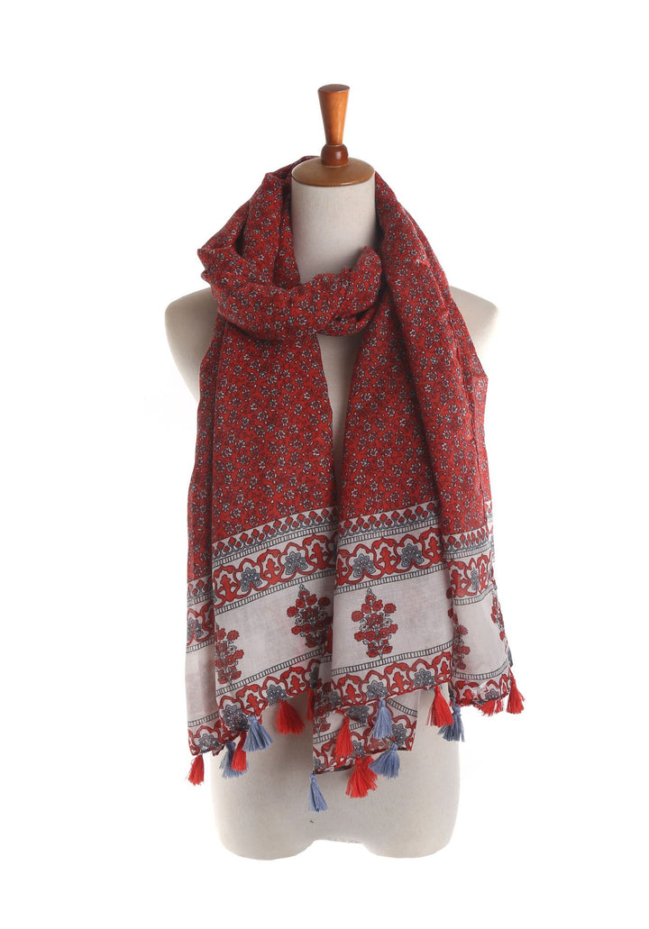 Damen Großer Baumwoll‑Viskose Schal mit Quasten und floralem Blockprint Drune