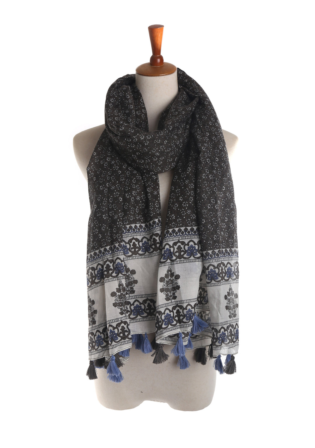 Damen Großer Baumwoll‑Viskose Schal mit Quasten und floralem Blockprint Drune
