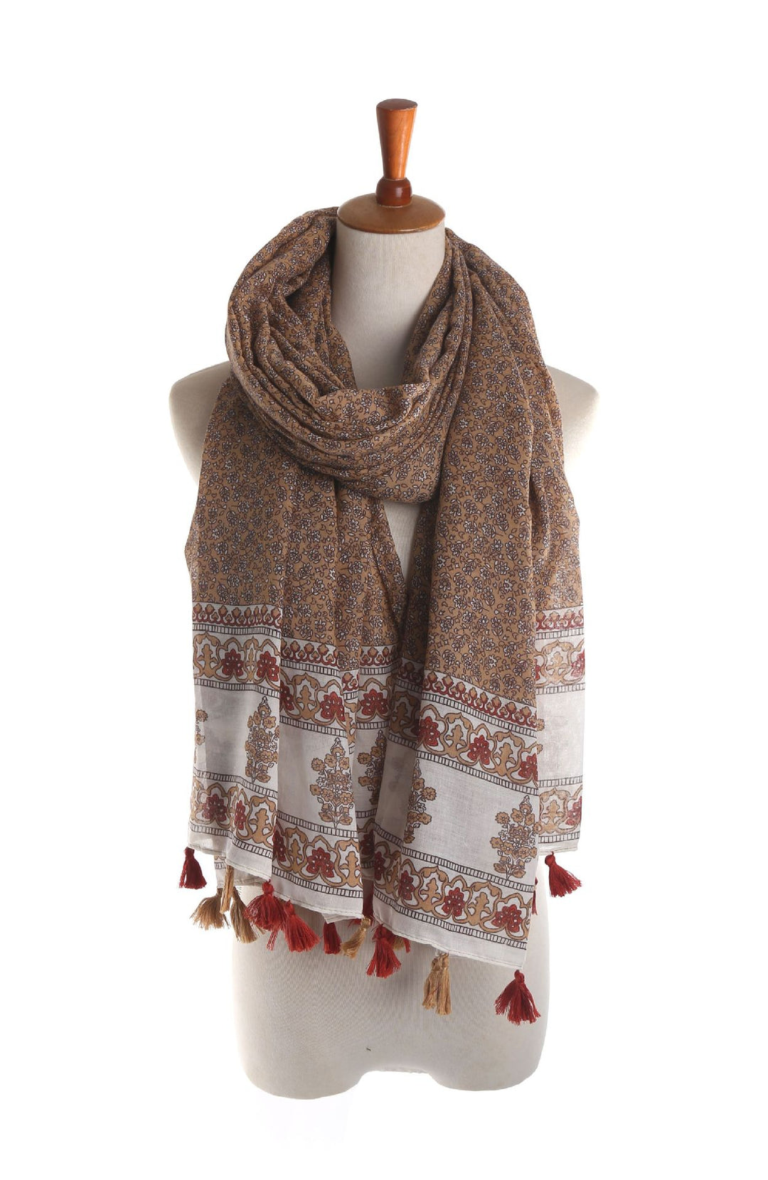 Damen Großer Baumwoll‑Viskose Schal mit Quasten und floralem Blockprint Drune