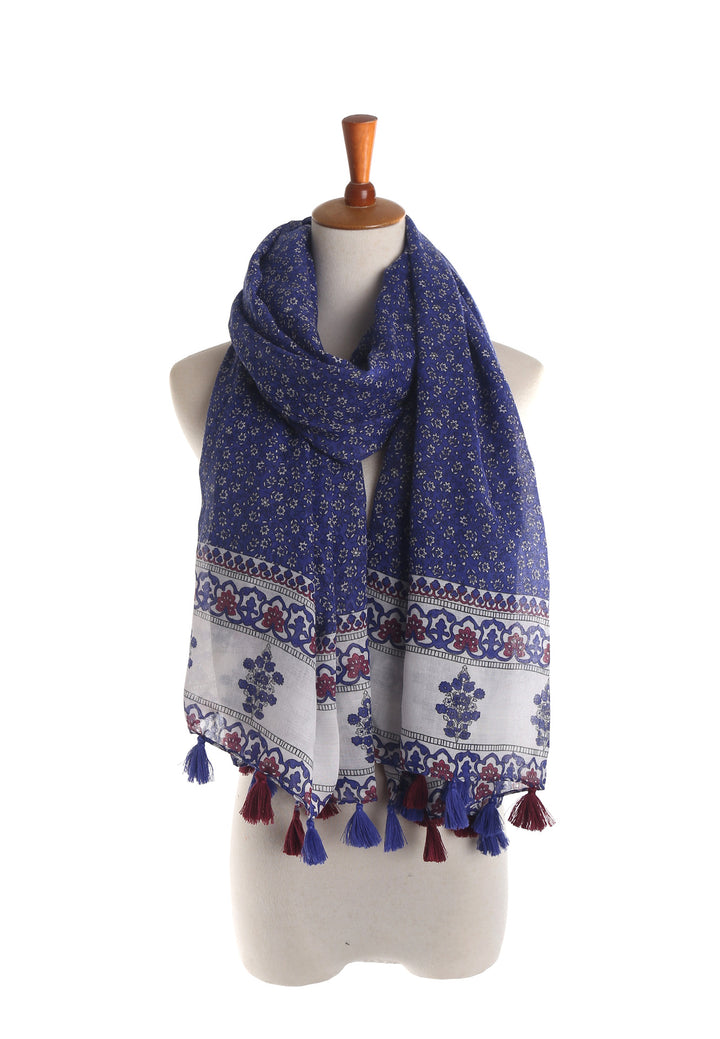 Damen Großer Baumwoll‑Viskose Schal mit Quasten und floralem Blockprint Drune