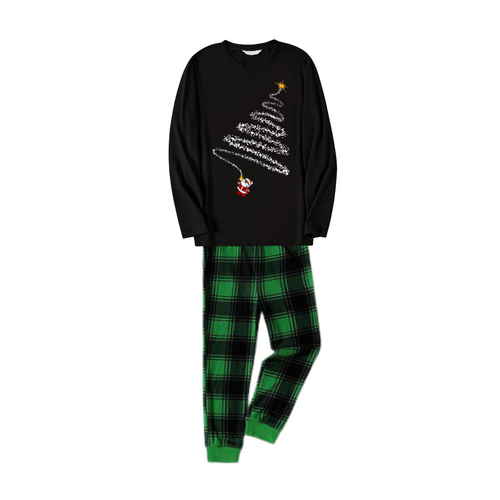 Drune | Weihnachtsmann und Weihnachtsbaum Druck Schwarzes Langarmoberteil mit Grün und Schwarz Karierter Familie passende Pyjamas