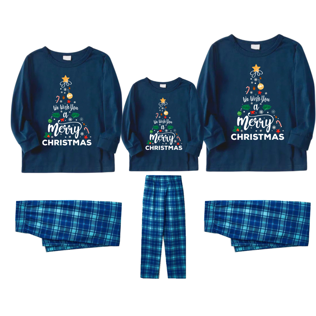 Drune | "Wir wünschen Ihnen ein frohes Weihnachten" Bedrucktes blaues Langarmoberteil mit blauer Karomuster Familien-Pyjamas im Partnerlook