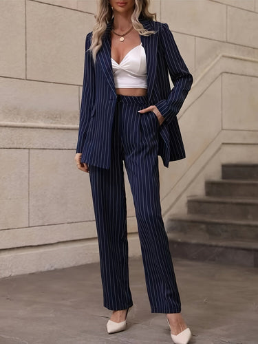 Drune | Gestreiftes Knopf-Front Langarm Blazer & Hoch Taille Gerade Bein Hose Outfit-Set Für Damen - Für formelle Anlässe