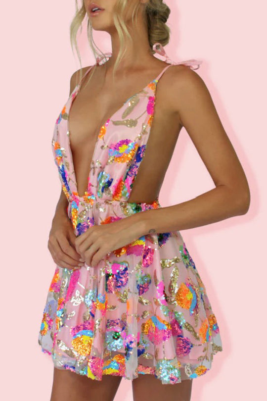 Drune | V-Ausschnitt Offene Rücken Pailletten Blumen Binde A-Linie Mini Kleid