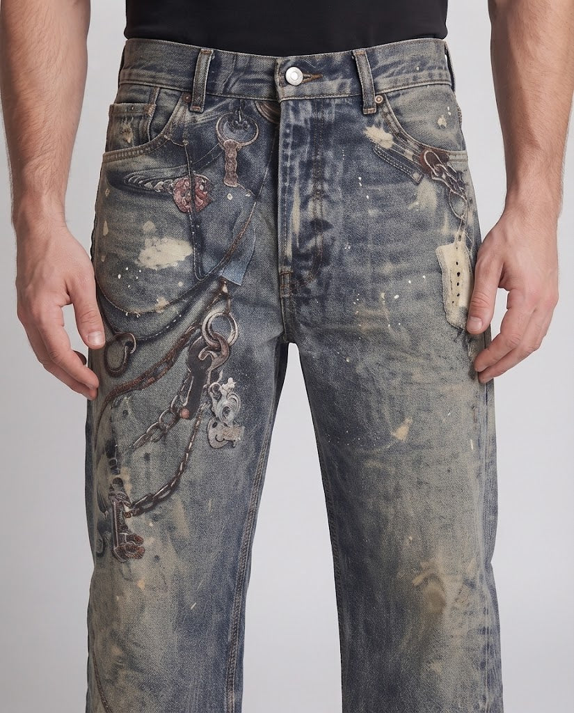 Herren Extraweite Jeans im Baggy-Schnitt mit farbbespritztem Used-Look und Kettenprint Drune
