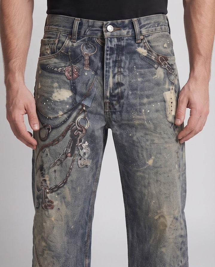 Herren Extraweite Jeans im Baggy-Schnitt mit farbbespritztem Used-Look und Kettenprint Drune