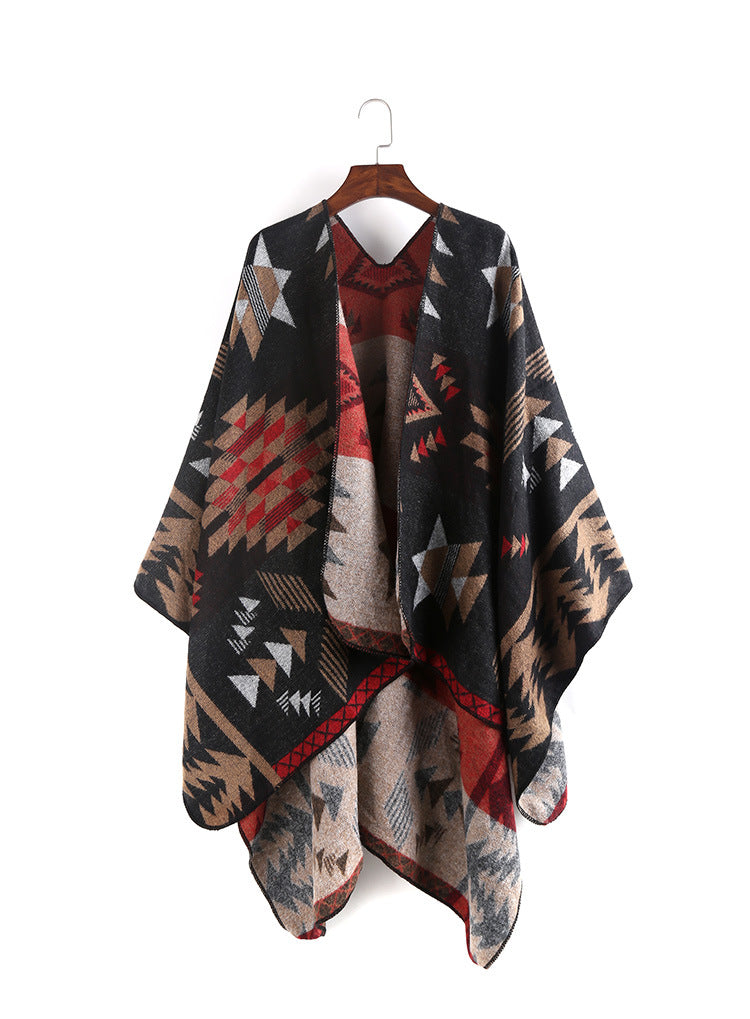 Damen Oversize-Ruana-Poncho mit Azteken-Jacquard und offenem Kimono-Fall Drune