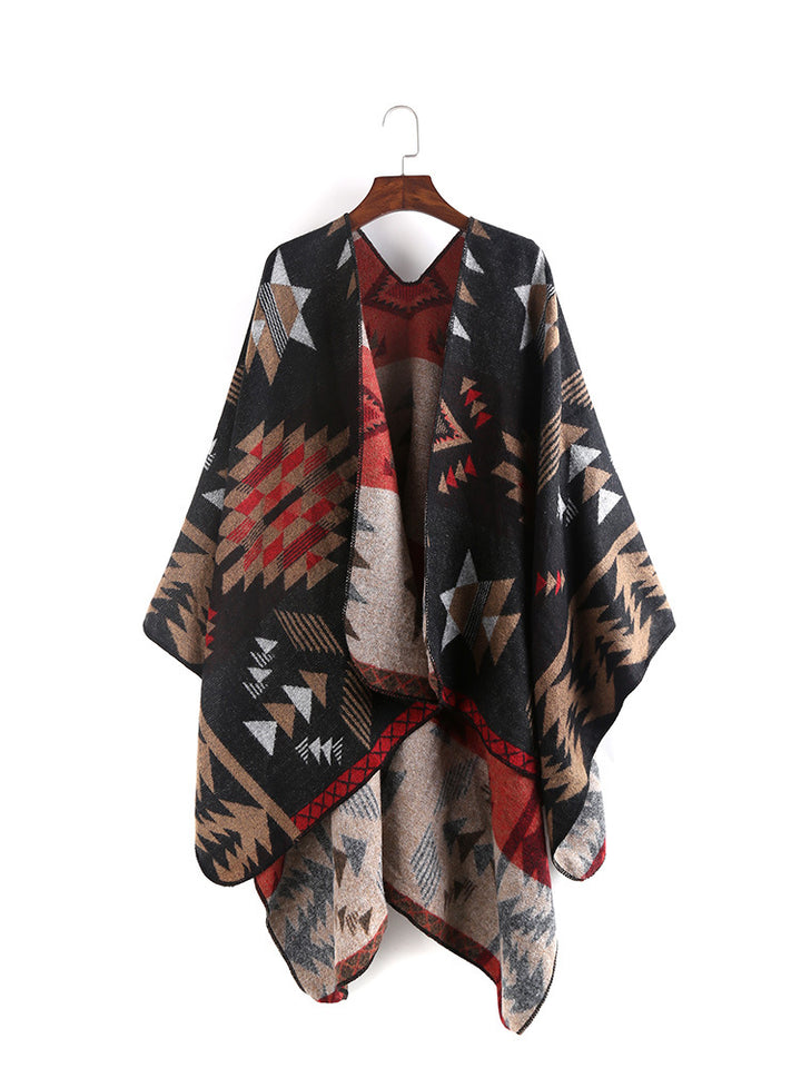 Damen Oversize-Ruana-Poncho mit Azteken-Jacquard und offenem Kimono-Fall Drune