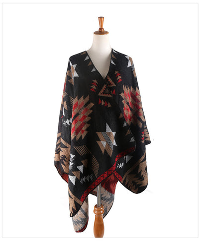 Damen Oversize-Ruana-Poncho mit Azteken-Jacquard und offenem Kimono-Fall Drune