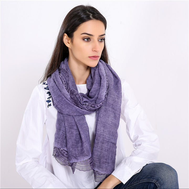 Damen leichter Leinen‑Schal mit Spitzenbesatz und extra Länge Drune