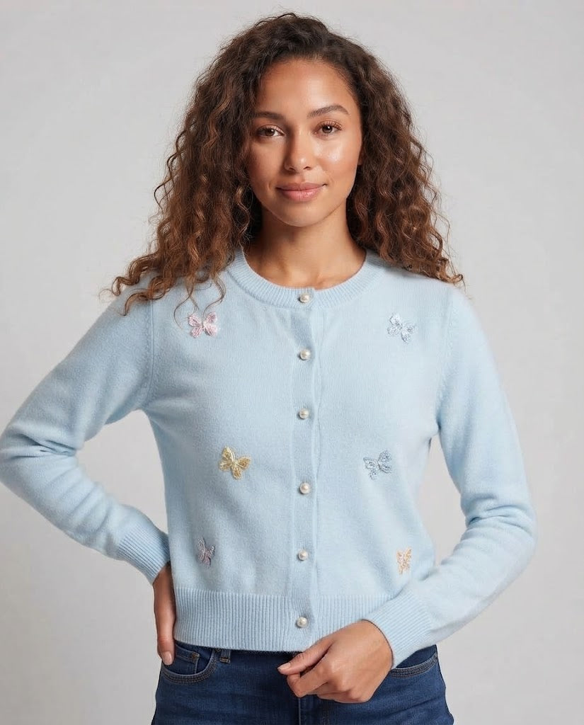 Damen Feinstrick-Kurzcardigan mit Perlmuttknöpfen und zierlichen Schleifenapplikationen Drune