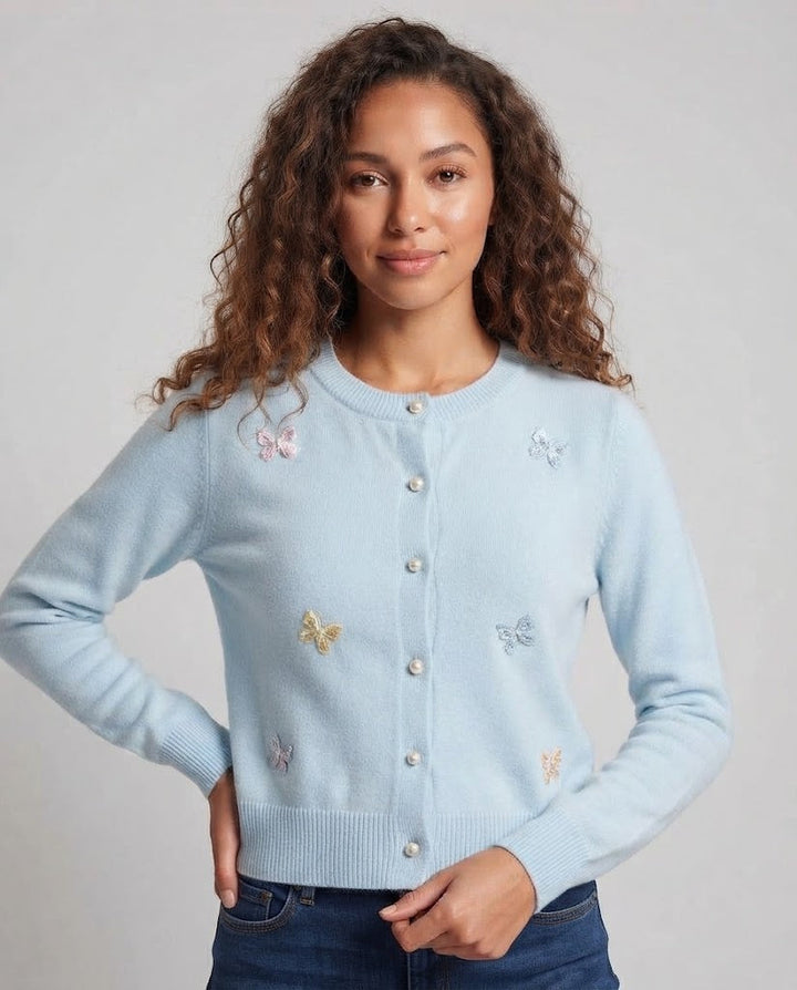Damen Feinstrick-Kurzcardigan mit Perlmuttknöpfen und zierlichen Schleifenapplikationen Drune
