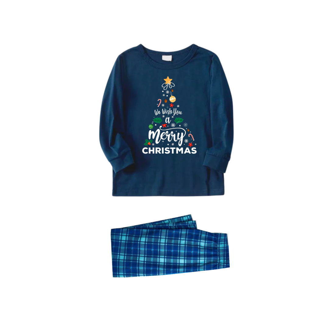 Drune | "Wir wünschen Ihnen ein frohes Weihnachten" Bedrucktes blaues Langarmoberteil mit blauer Karomuster Familien-Pyjamas im Partnerlook