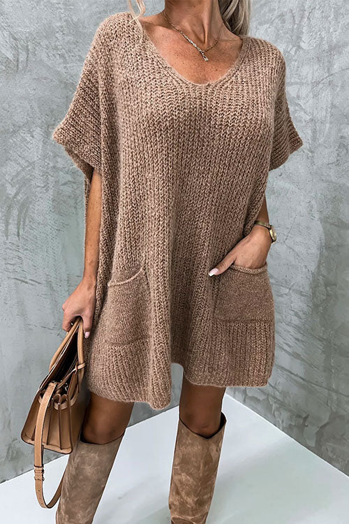 Drune | Rosiedress Oversized V-Ausschnitt Kurzarm Täschensweater