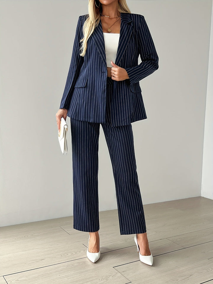 Drune | Gestreiftes Knopf-Front Langarm Blazer & Hoch Taille Gerade Bein Hose Outfit-Set Für Damen - Für formelle Anlässe