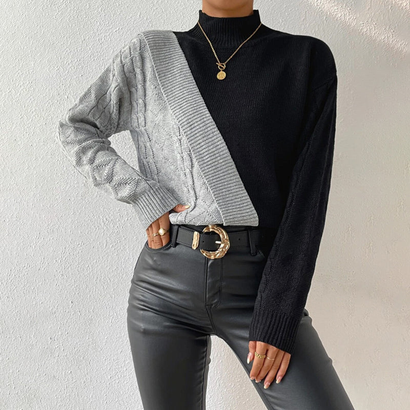 Drune | Pullover - Damen Winter Patchwork Rollkragen Strickpullover