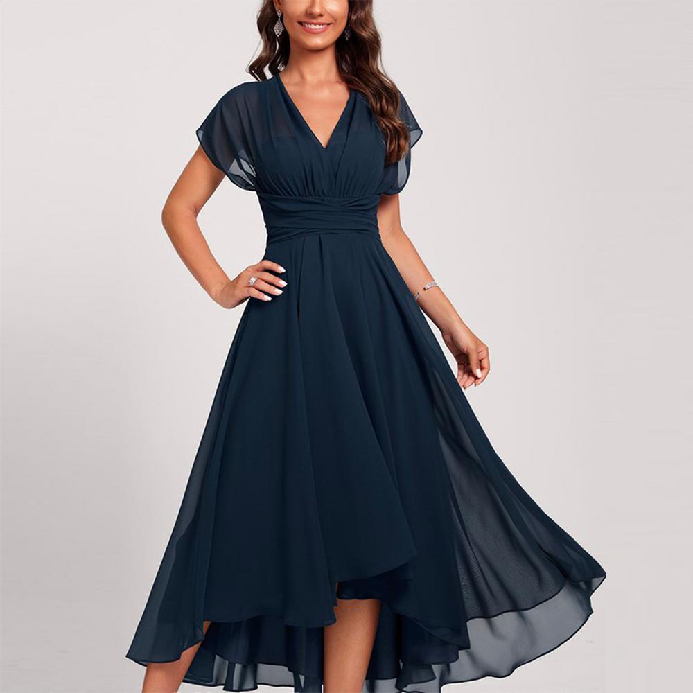 Drune | Blaue Midi-Kleid mit Kurzen Ärmeln und Gekrümmter Taille
