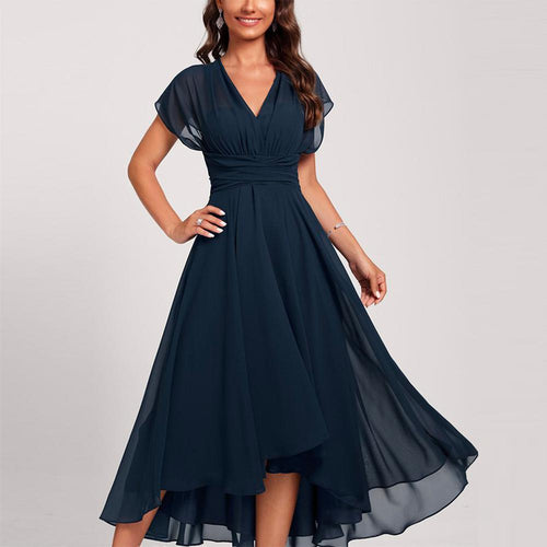 Drune | Blaue Midi-Kleid mit Kurzen Ärmeln und Gekrümmter Taille