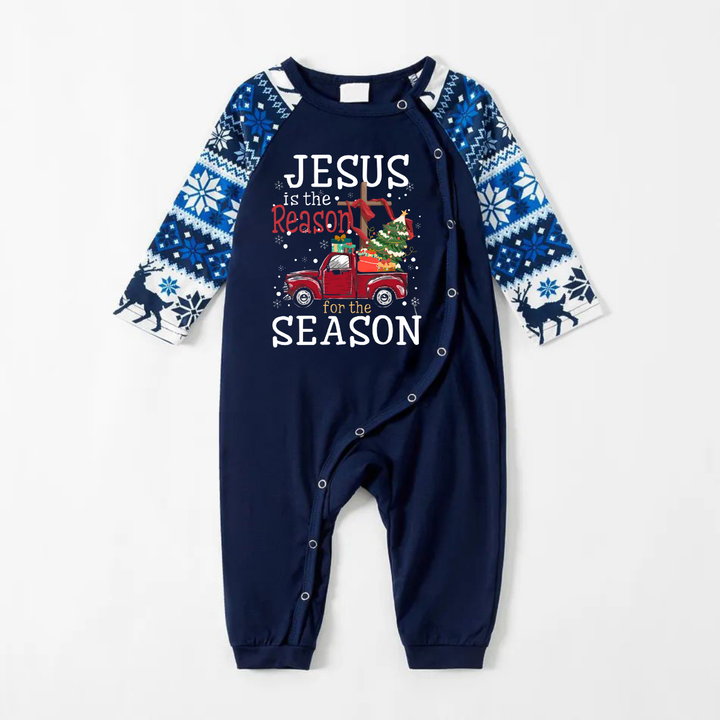 Drune | Fröhliche blaue Weihnachts-Pyjama-Set mit "Jesus ist der Grund für die Jahreszeit" Textdruck