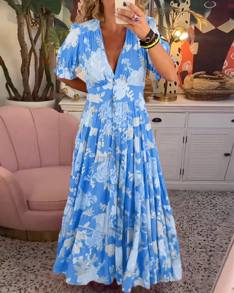 Drune Kleid | Trendiges langes Blumenkleid mit V-Ausschnitt und kurzen Ärmeln für Damen