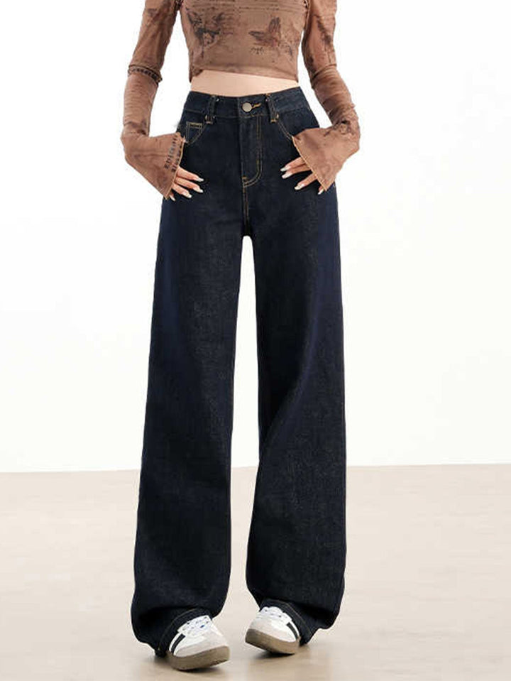 Drune | Lockere Dunkle Hohe Taillen Bodenlange Denim Hose
