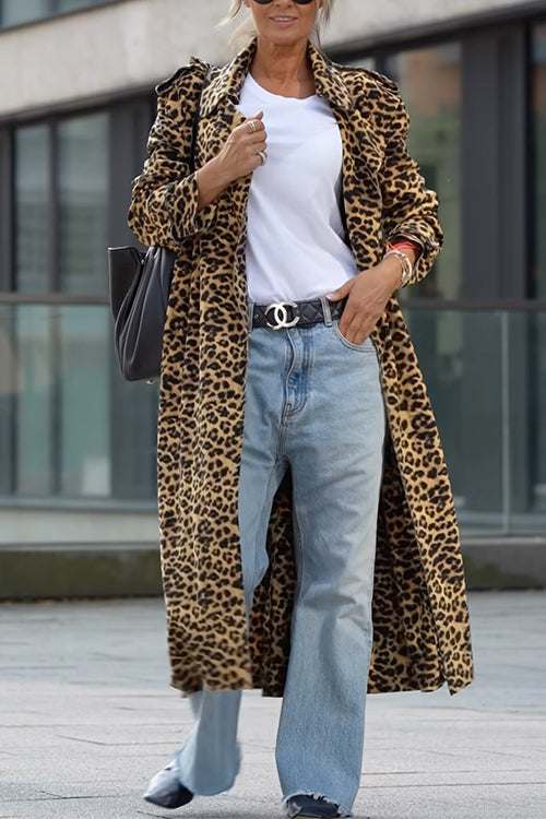 Drune | Rosiedress Revers Offene Vorderseite Leopard Midi Trendy Mantel