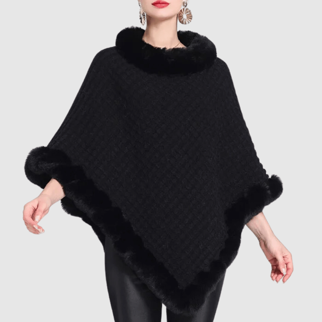 Drune | Poncho mit weicher Webstruktur – stilvoller Damenponcho mit Kragen und Kunstpelzabschluss