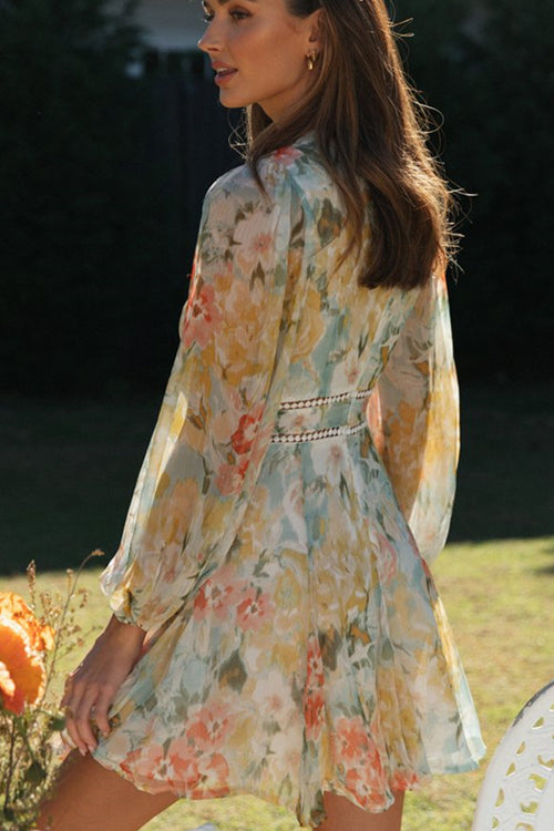 Drune | Strahlend Süß Langarm Blumenmuster Mini Kleid