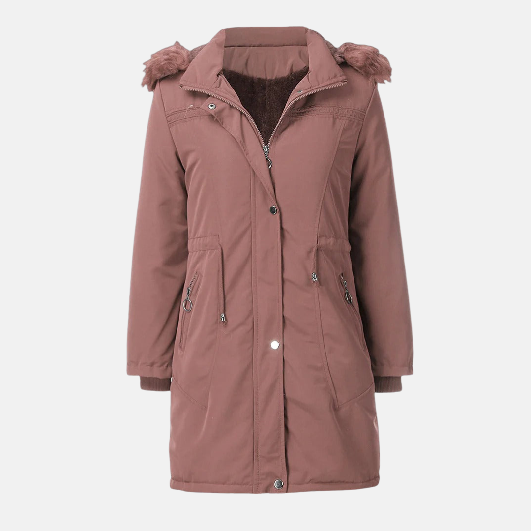 Drune | Lange Gepolsterte Jacke Gerader Schnitt Kapuze mit Kunstpelz Wasserabweisend Verstellbare Taille Reißverschluss mit Druckknöpfen mittellang