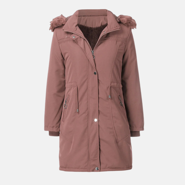 Drune | Lange Gepolsterte Jacke Gerader Schnitt Kapuze mit Kunstpelz Wasserabweisend Verstellbare Taille Reißverschluss mit Druckknöpfen mittellang
