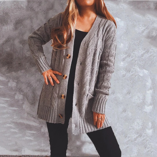 Drune | Wollstrickjacke Damen Mit Zopfmuster Und Holzknöpfen, Lockere