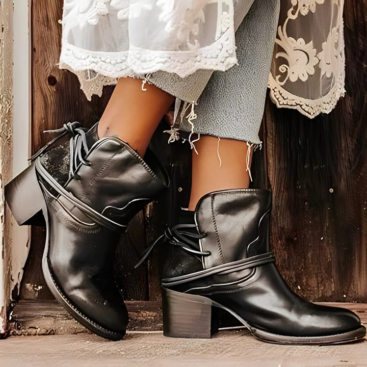 Drune | Damen Western Ankle Boots mit Wickelschnürung, Gewaschenes Leder, Dicke Absätze