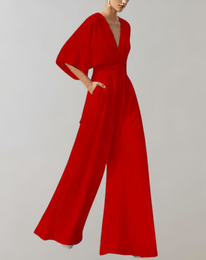 Drune Damen Jumpsuit mit V-Ausschnitt und weitem Bein