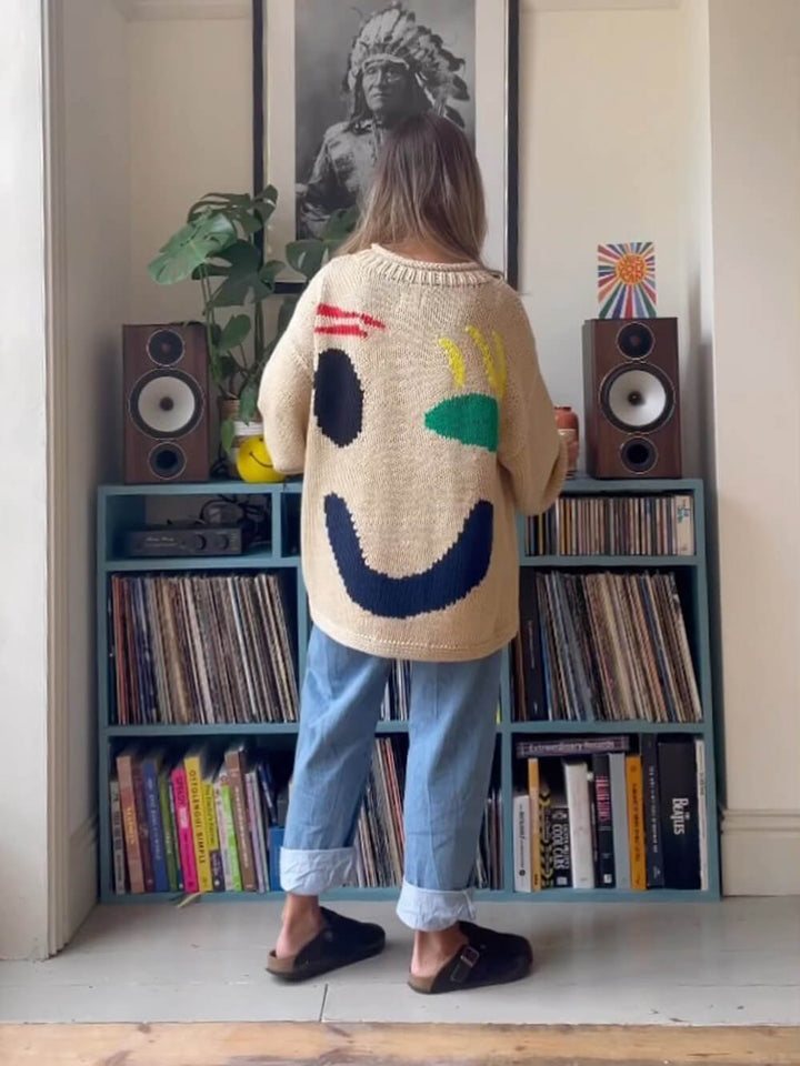 Drune | Strickpullover im Künstlerstil - Gemütlicher Freizeit Jumper mit abstraktem Gesichtsmuster