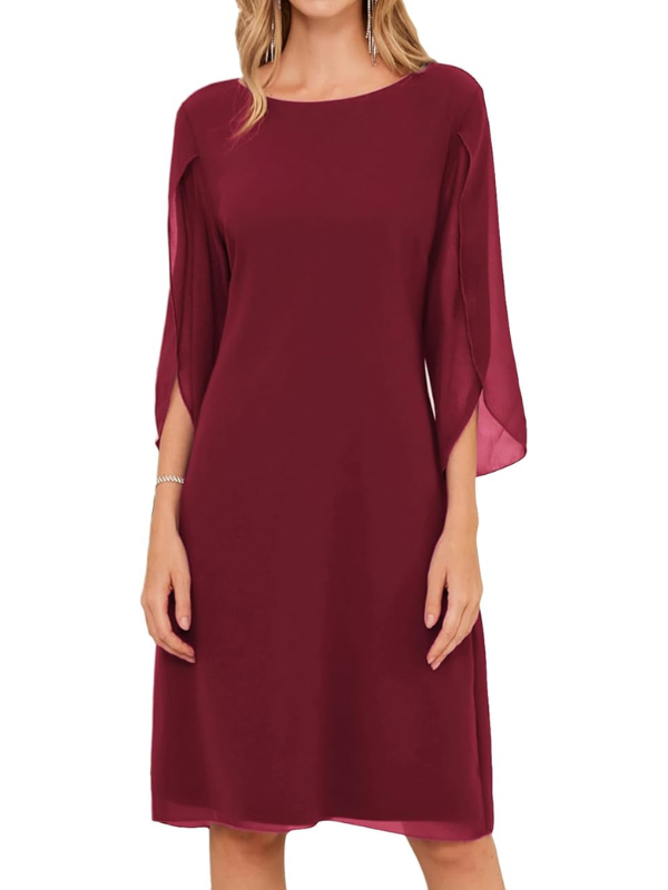 Drune | Shift Kleid Knielang Bateau Ausschnitt Dreiviertel Schlitzärmel Fließend