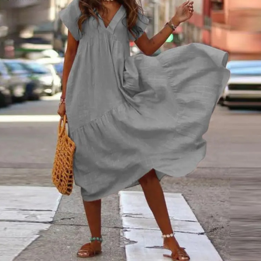 Drune – Blusenkleid im Maxi-Stil mit V-Ausschnitt und Rüschen