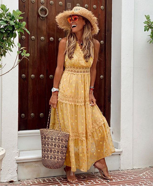 Drune | V-Ausschnitt Chiffon Rückenfreie Boho Lange Maxi Kleider