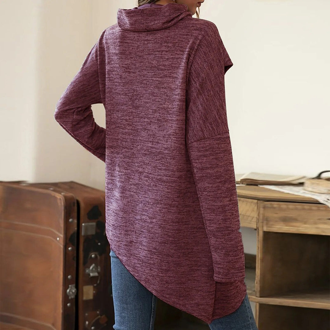 Drune | Damen Hoodie - Langer Pullover mit Wickelkragen & Knopfdetails
