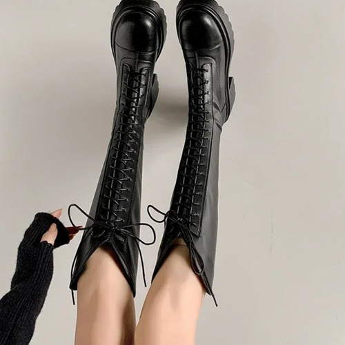 Drune | Hohe Stiefel Damenstiefel mit Schnürung und Robuster Ferse