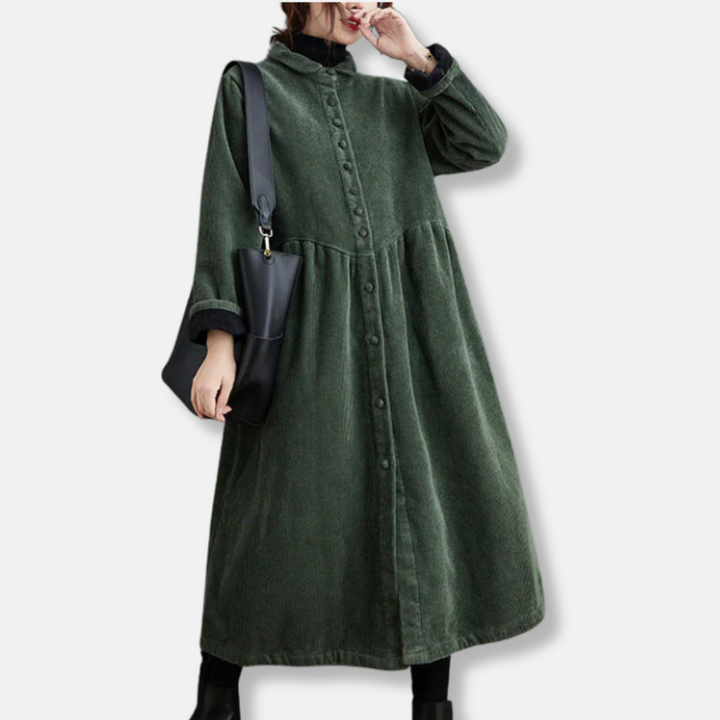 Drune | Lange Jacke Cord A-Linie Lockere Passform Hoher Kragen Midi Knopfverschluss