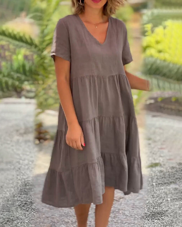 Drune | Einfarbiges Kleid aus Baumwoll-Leinen mit V-Ausschnitt