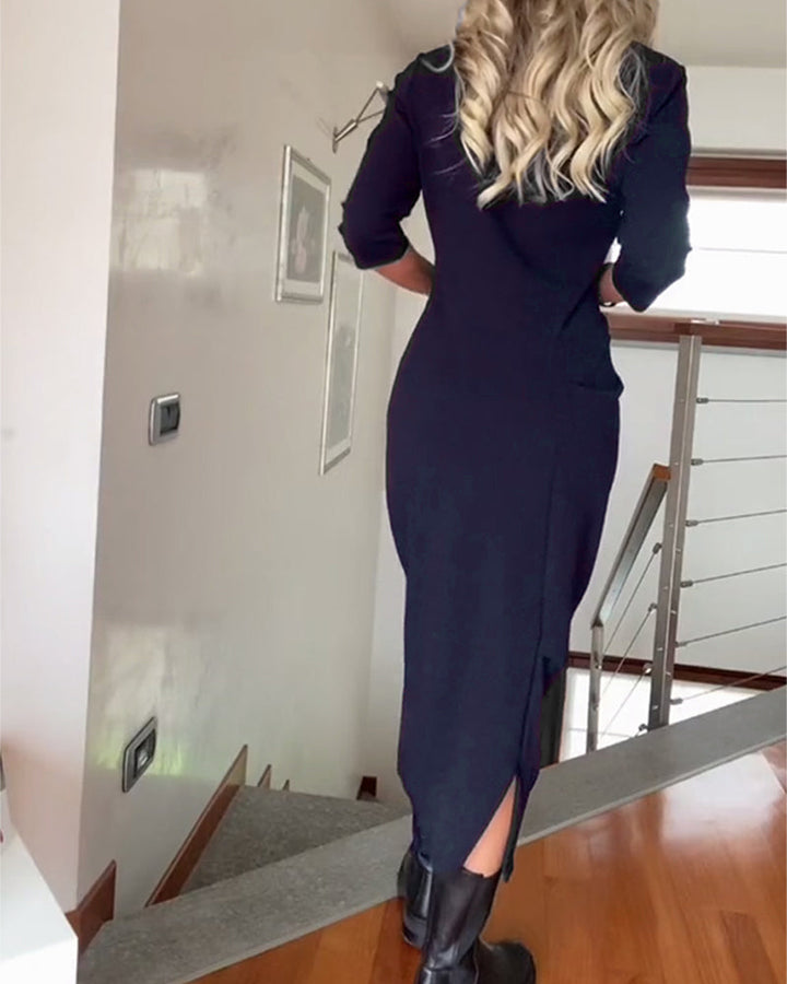 Drune | Elegantes Plissiertes Kleid in Volltonfarbe mit Rundhalsausschnitt