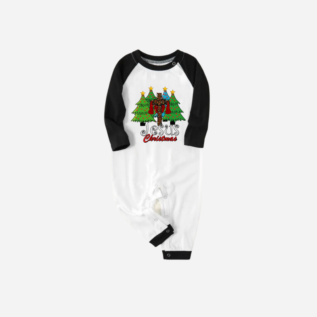 Drune | Jesus Weihnachtsfamilie passende Pyjama-Set - Schwarzes und weißes Oberteil mit grünen Karohosen