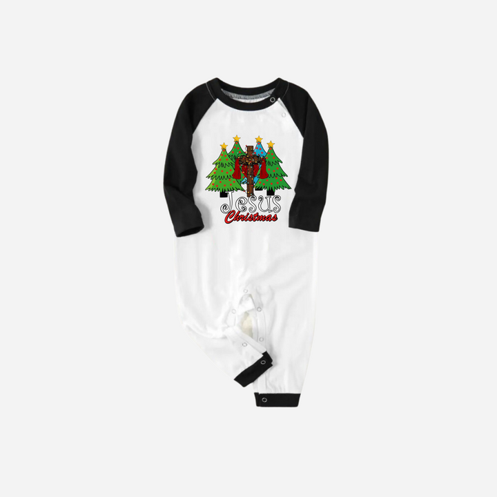 Drune | Jesus Weihnachtsfamilie passende Pyjama-Set - Schwarzes und weißes Oberteil mit grünen Karohosen