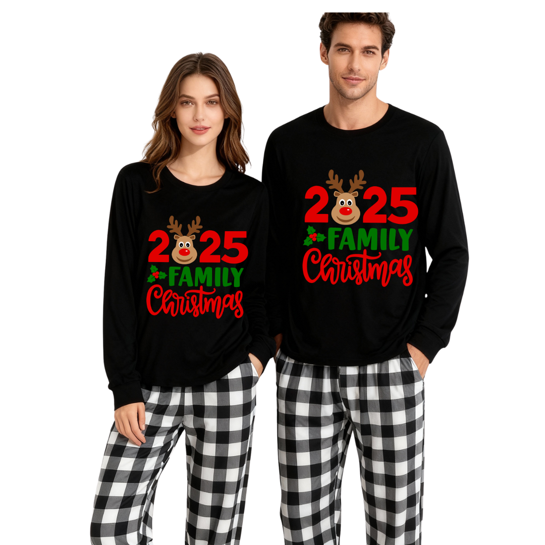 Drune | "2025 Familie Weihnachten" Elch Brief Druck Schwarz Langarmtop mit Schwarz- und Weißkarierten Hosen Familie Passende Pyjamas