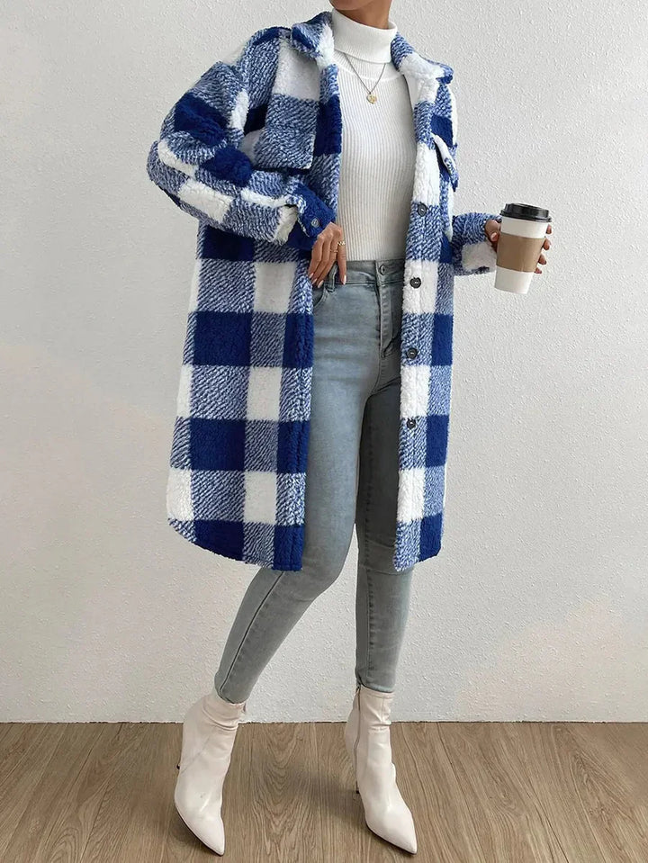 Drune | Mantel - Oversized Passform - Weicher Teddy-Textur - Karierter Mittel-Längen-Design