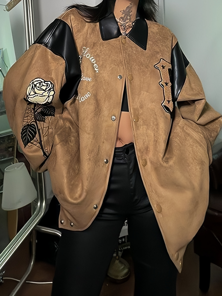 Drune | Braune Velourslederjacke mit Stickerei