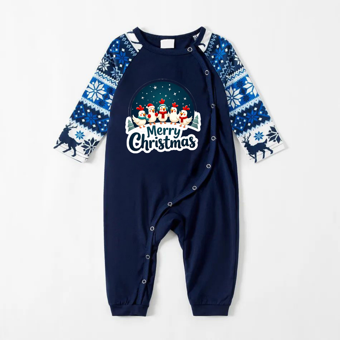 Drune | Lustige blaue Weihnachts-Pyjama-Set mit glücklichen Küken und "Frohe Weihnachten" Textdruck