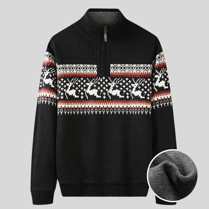 Drune | Nordic Strickpullover Halber Reißverschluss mit Hohem Kragen Warme Plüschfutter
